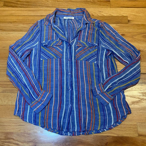Harper Button Top Shirt Sz S Roll-Tab Sleeve Embroidered Blue Boho Western - Picture 1 of 5